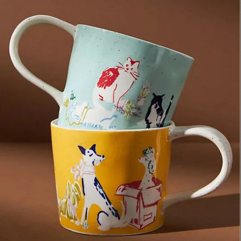 Anthropologie 2 Piece Set Dog Pet Shop Mugs NEW 2 Mugs New in box Yellow